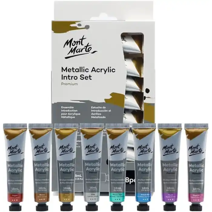 Mont Marte Metalik akrilik boya seti, 8 adet x 18 ml tüp, ışığa dayanıklı renkler, pürüzsüz tutarlılık ve opak metalik kaplama.