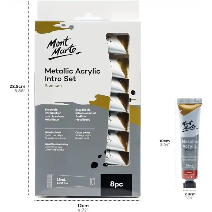 Mont Marte Metalik akrilik boya seti, 8 adet x 18 ml tüp, ışığa dayanıklı renkler, pürüzsüz tutarlılık ve opak metalik kaplama.
