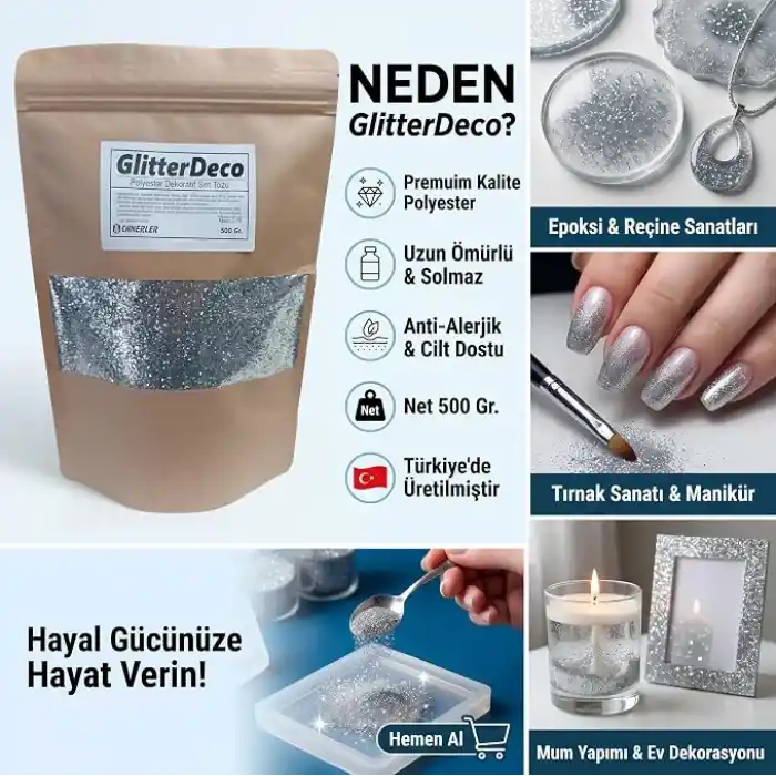 500gr Glitter Gümüş Sim Tozu iri Taneli Chunky – Epoksi, Boya, Resin Art, Mum, Nail Art,Dekorasyon Toz Sim (Profesyonel Boy)
