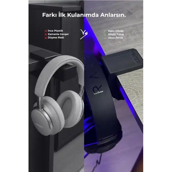 Premium Siyah Masa Kenarı Kulaklık Standı – Shadow Edition | Kaydırmaz Keçeli, Ergonomik ve Güçlendirilmiş