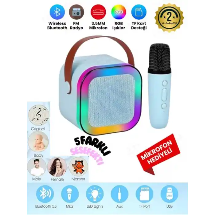 K12 Kablosuz Bluetooth Hoparlör Karaoke Mikrofon 5 Ses Efektli Rgb Hd Stereo Ses Usb/Sd/FM