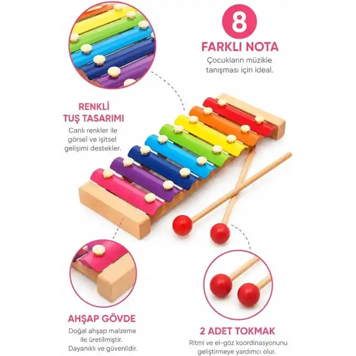 ShopexXtra Ahşap Ksilofon 8 Nota Renkli Perküsyon Enstrümanı – Ahşap Selefon, Ritim ve Melodi Çalışmaları İçin Müzik Aleti, 2 Tokmak Dahil