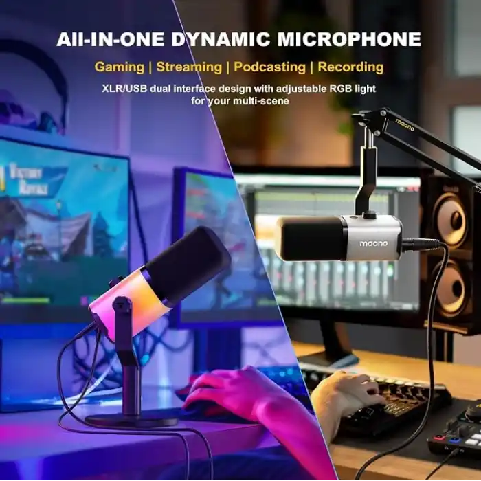MAONO Yazılımlı XLR/USB Oyun Mikrofonu, Akış Podcast Vokal Kaydı için RGBli Dinamik PC Mikrofonu, Sessiz Düğmeli Bilgisayar Mikrofonu, Kazanç Düğmesi, Ses Kontrolü, Masaüstü Standı PD100X