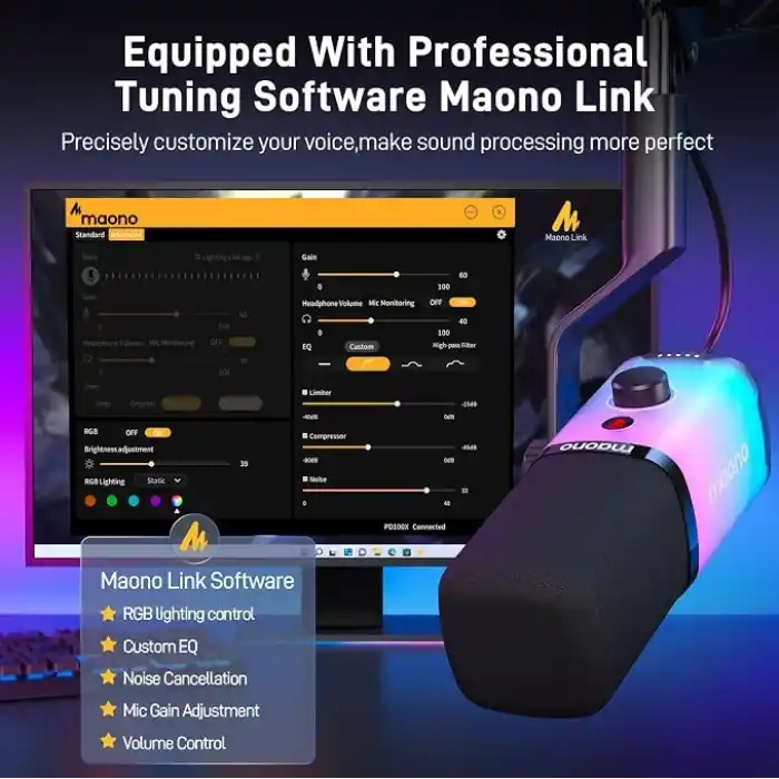 MAONO Yazılımlı XLR/USB Oyun Mikrofonu, Akış Podcast Vokal Kaydı için RGBli Dinamik PC Mikrofonu, Sessiz Düğmeli Bilgisayar Mikrofonu, Kazanç Düğmesi, Ses Kontrolü, Masaüstü Standı PD100X