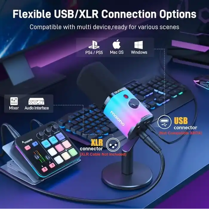MAONO Yazılımlı XLR/USB Oyun Mikrofonu, Akış Podcast Vokal Kaydı için RGBli Dinamik PC Mikrofonu, Sessiz Düğmeli Bilgisayar Mikrofonu, Kazanç Düğmesi, Ses Kontrolü, Masaüstü Standı PD100X