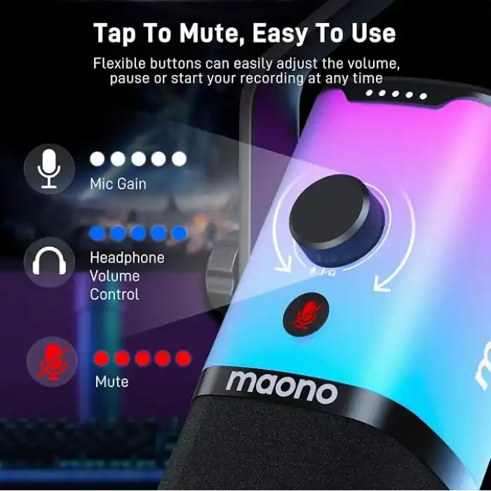 MAONO Yazılımlı XLR/USB Oyun Mikrofonu, Akış Podcast Vokal Kaydı için RGBli Dinamik PC Mikrofonu, Sessiz Düğmeli Bilgisayar Mikrofonu, Kazanç Düğmesi, Ses Kontrolü, Masaüstü Standı PD100X