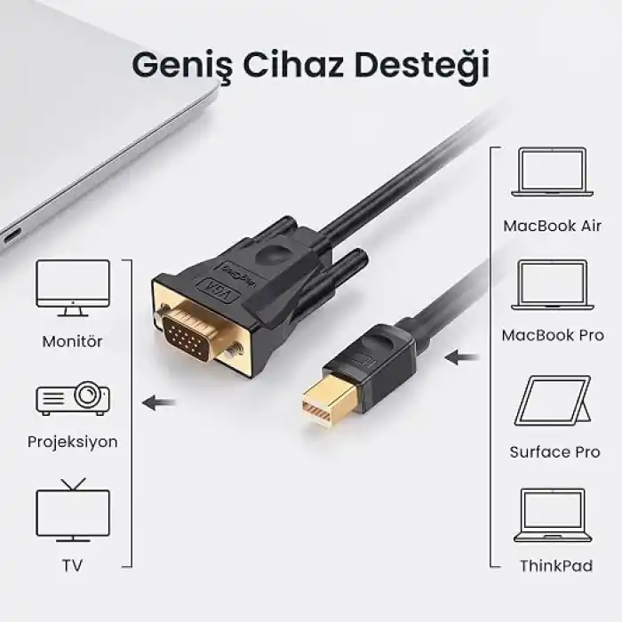 VegGieg Mini DisplayPort (DP) to VGA Full HD 1080P Görüntü Video Aktarım Kablosu 1.5 Metre