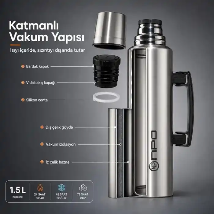 NPO NT01 1.5L Çift Katmanlı Vakum Teknolojili 24H Sıcak 48H Soğuk 72H Buzlu Koruma Çelik Termos