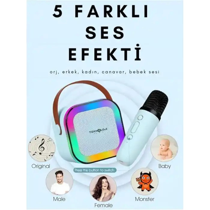 K12 Kablosuz Bluetooth Hoparlör Karaoke Mikrofon 5 Ses Efektli Rgb Hd Stereo?es Usb/Sd/FM