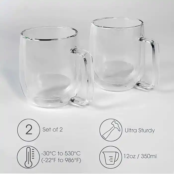 ARVALE Çift Cidarlı Cam Kupa Ev Ofis Fincanı Çift Katlı Isı Yalıtımlı Kulplu Cam Bardak (2 Adet Helsinki 250 ml)