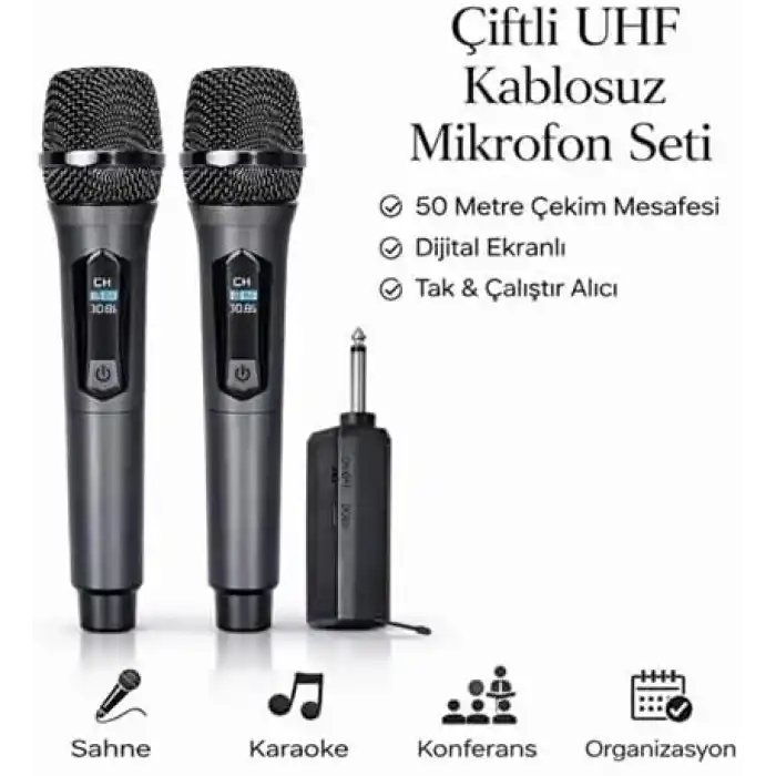 Profesyonel Çiftli Kablosuz Mikrofon Seti Karaoke Şarj Edilebilir 50 Metre