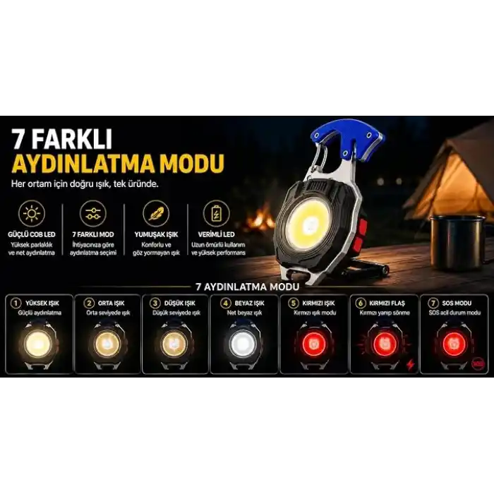 6sı 1 Arada Anahtarlık Fener, COB LED Mini El Feneri, Type-C Şarjlı, 7 Aydınlatma Modu, Karabinalı Çok Amaçlı Kamp Feneri, Şişe Açacağı, Tornavida, İp Kesici, Mıknatıslı Acil Durum Feneri
