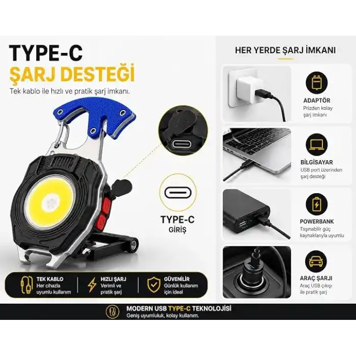 6sı 1 Arada Anahtarlık Fener, COB LED Mini El Feneri, Type-C Şarjlı, 7 Aydınlatma Modu, Karabinalı Çok Amaçlı Kamp Feneri, Şişe Açacağı, Tornavida, İp Kesici, Mıknatıslı Acil Durum Feneri