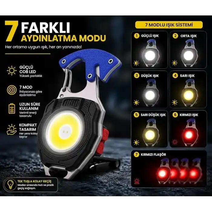 6sı 1 Arada Anahtarlık Fener, COB LED Mini El Feneri, Type-C Şarjlı, 7 Aydınlatma Modu, Karabinalı Çok Amaçlı Kamp Feneri, Şişe Açacağı, Tornavida, İp Kesici, Mıknatıslı Acil Durum Feneri