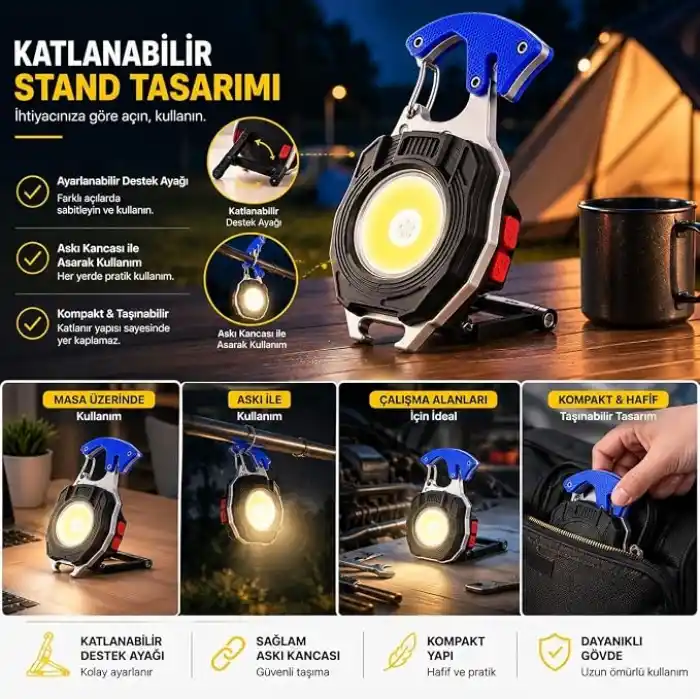 6sı 1 Arada Anahtarlık Fener, COB LED Mini El Feneri, Type-C Şarjlı, 7 Aydınlatma Modu, Karabinalı Çok Amaçlı Kamp Feneri, Şişe Açacağı, Tornavida, İp Kesici, Mıknatıslı Acil Durum Feneri
