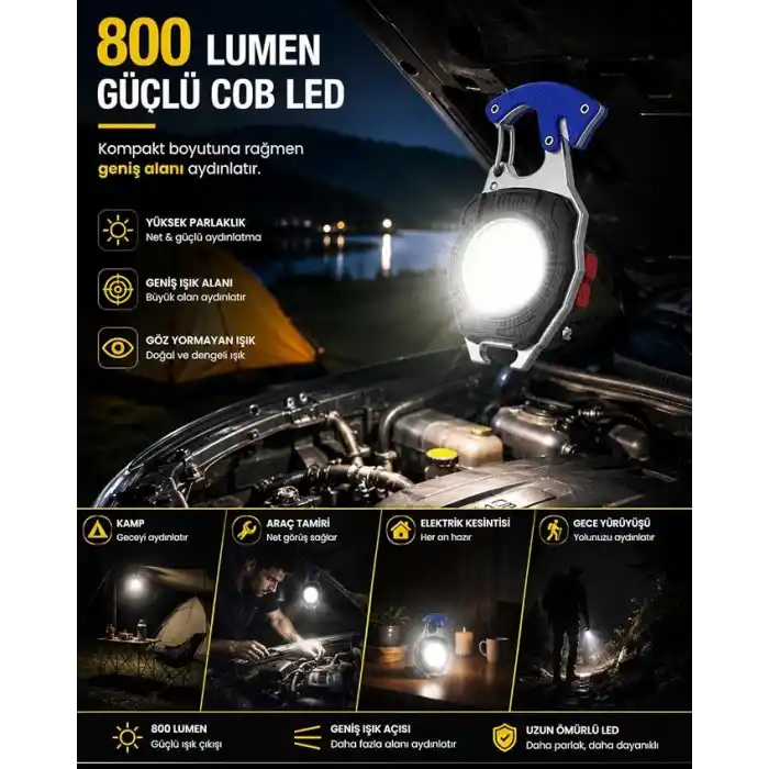6sı 1 Arada Anahtarlık Fener, COB LED Mini El Feneri, Type-C Şarjlı, 7 Aydınlatma Modu, Karabinalı Çok Amaçlı Kamp Feneri, Şişe Açacağı, Tornavida, İp Kesici, Mıknatıslı Acil Durum Feneri