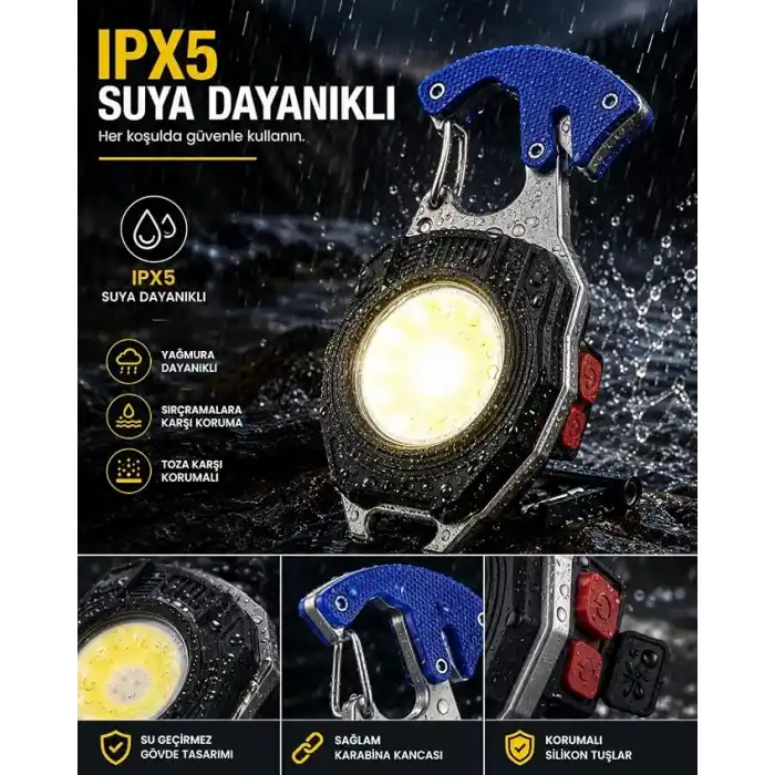 6sı 1 Arada Anahtarlık Fener, COB LED Mini El Feneri, Type-C Şarjlı, 7 Aydınlatma Modu, Karabinalı Çok Amaçlı Kamp Feneri, Şişe Açacağı, Tornavida, İp Kesici, Mıknatıslı Acil Durum Feneri