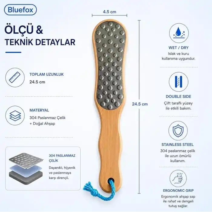Bluefox Çift Taraflı Ayak Törpüsü – Paslanmaz Çelik Nasır ve Topuk Çatlağı Törpüsü, Ergonomik Saplı, Islak/Kuru Kullanıma Uygun, Ev Tipi Pedikür Ayak Ovucu