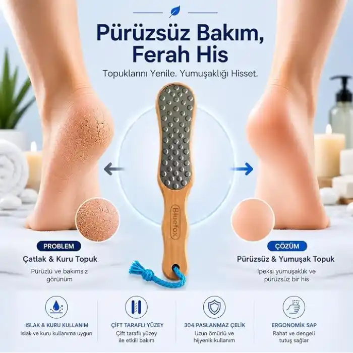 Bluefox Çift Taraflı Ayak Törpüsü – Paslanmaz Çelik Nasır ve Topuk Çatlağı Törpüsü, Ergonomik Saplı, Islak/Kuru Kullanıma Uygun, Ev Tipi Pedikür Ayak Ovucu