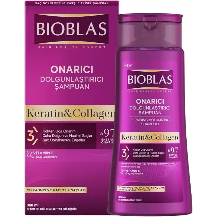 Bioblas Kolajen & Keratin Şampuan – Saç Dökülmesine Karşı, Onarıcı ve Dolgunlaştırıcı Etki, Bitkisel Kompleks B19, 360 ml