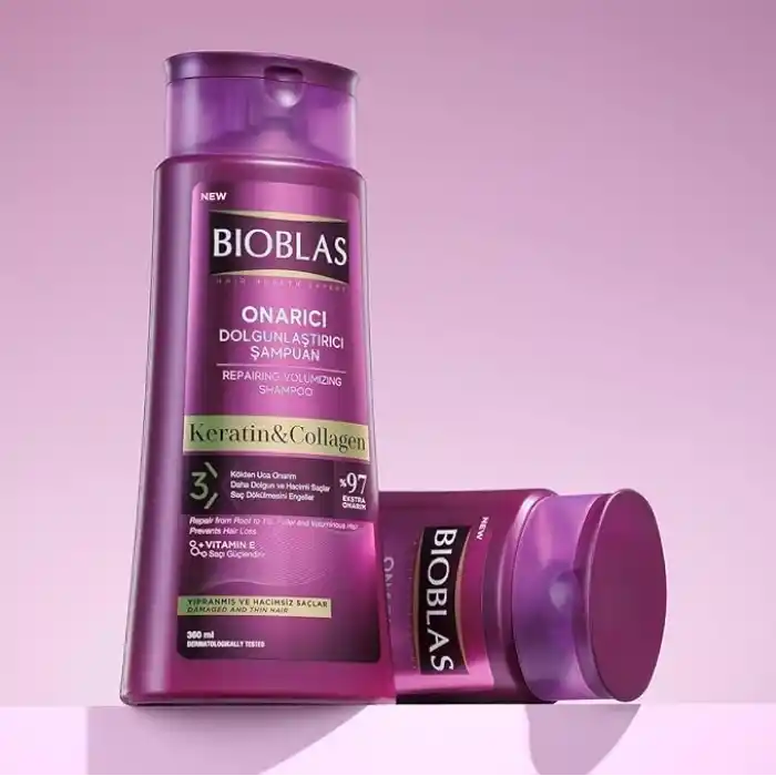 Bioblas Kolajen & Keratin Şampuan – Saç Dökülmesine Karşı, Onarıcı ve Dolgunlaştırıcı Etki, Bitkisel Kompleks B19, 360 ml
