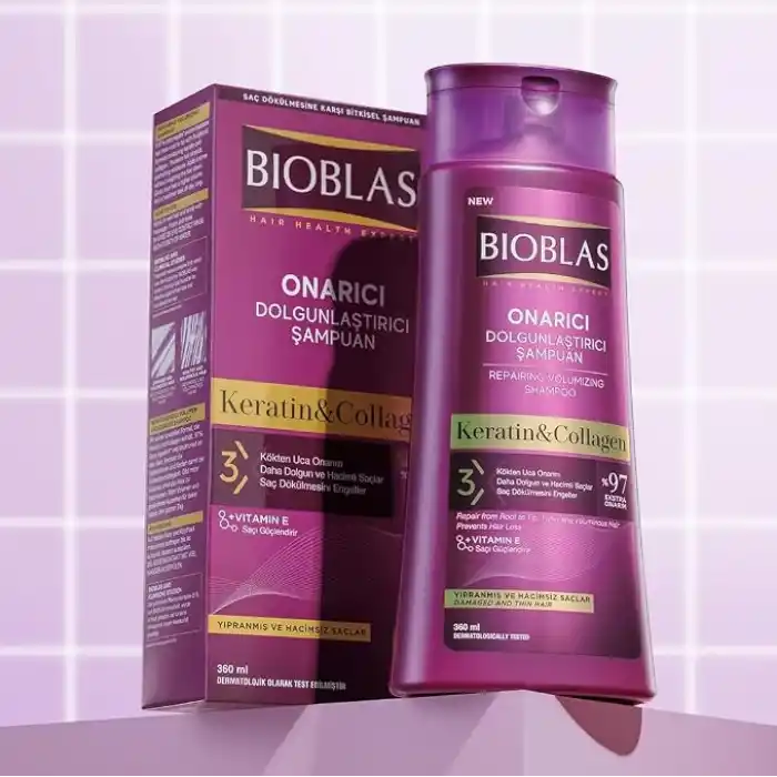 Bioblas Kolajen & Keratin Şampuan – Saç Dökülmesine Karşı, Onarıcı ve Dolgunlaştırıcı Etki, Bitkisel Kompleks B19, 360 ml
