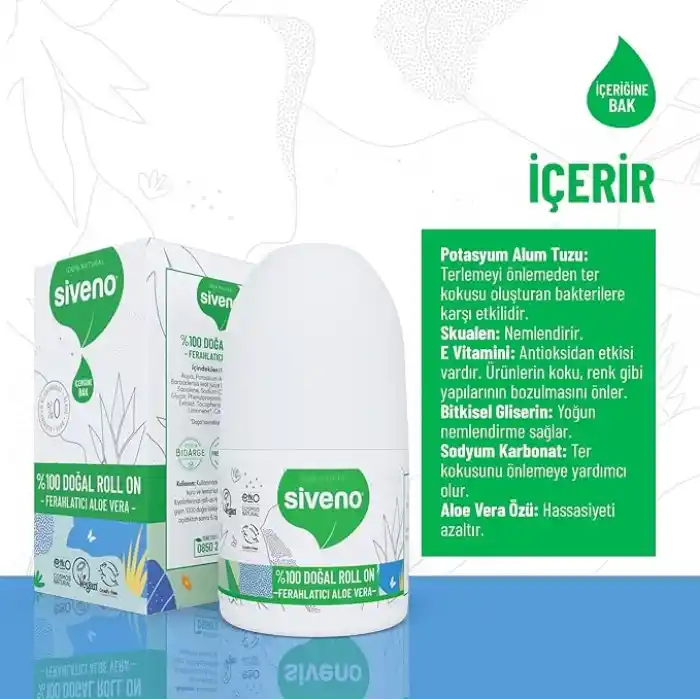 Siveno %100 Doğal Roll On Aloe Vera Deodorant Ter Kokusu Önleyici Bitkisel Leke Bırakmayan Vegan 50 ml