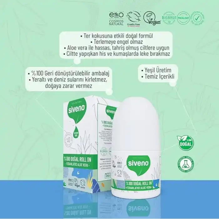 Siveno %100 Doğal Roll On Aloe Vera Deodorant Ter Kokusu Önleyici Bitkisel Leke Bırakmayan Vegan 50 ml