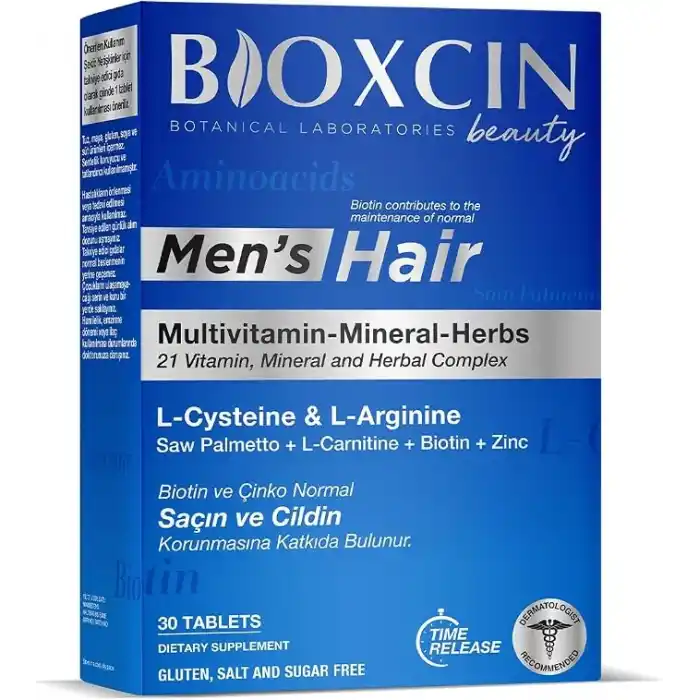 Bioxcin Men’s Hair Tablet – L-Arginin, Cüce Palmiye, L-Karnitin, Biotin ve Çinko İçeren Erkeklere Özel Saç, Cilt ve Tırnak Destek Tableti – 30 Tablet – Vegan