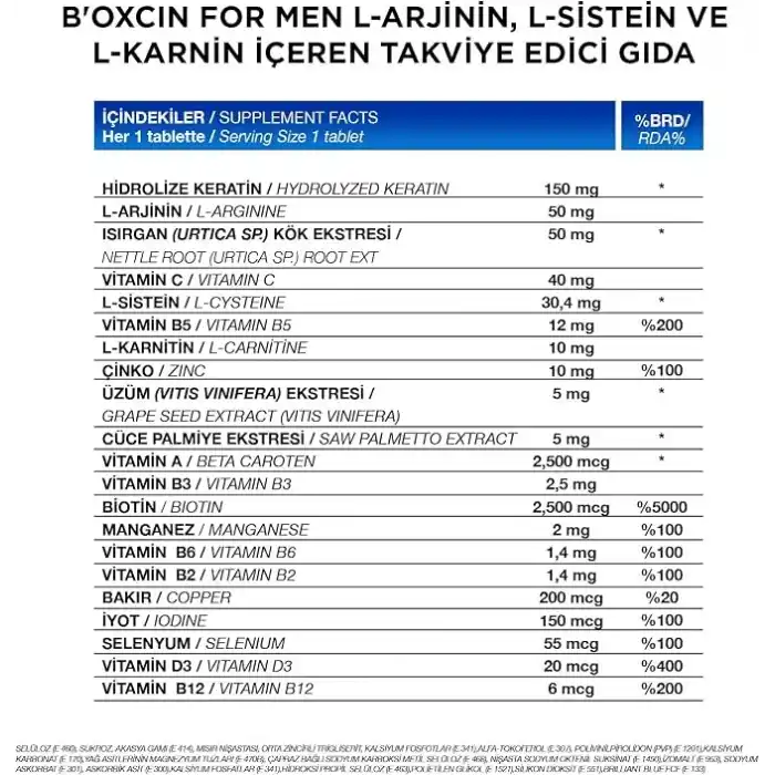 Bioxcin Men’s Hair Tablet – L-Arginin, Cüce Palmiye, L-Karnitin, Biotin ve Çinko İçeren Erkeklere Özel Saç, Cilt ve Tırnak Destek Tableti – 30 Tablet – Vegan