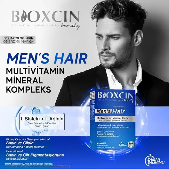 Bioxcin Men’s Hair Tablet – L-Arginin, Cüce Palmiye, L-Karnitin, Biotin ve Çinko İçeren Erkeklere Özel Saç, Cilt ve Tırnak Destek Tableti – 30 Tablet – Vegan