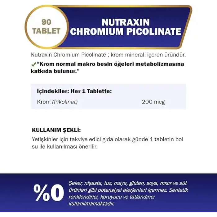 Nutraxin Vitals Chromum Picolinate 200 mcg 90 Tablet Takviye Edici Gıda