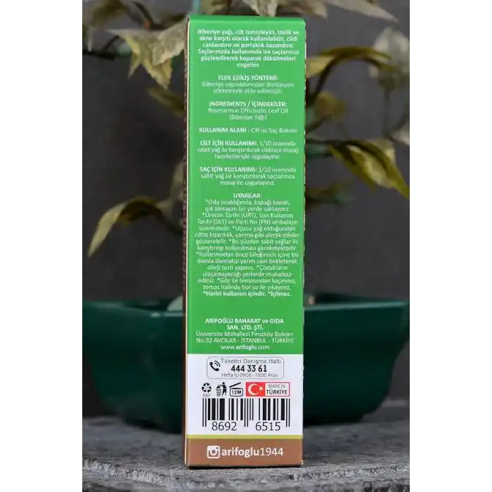 Arifoğlu Biberiye Yağı 20ml%100 Saf Yağ – Saç Bakımı ve Saç Güçlendirici Etki İçin | Arifoğlu Rosemary Oil 20ml 100% Pure – Hair Care and Strengthening Effect