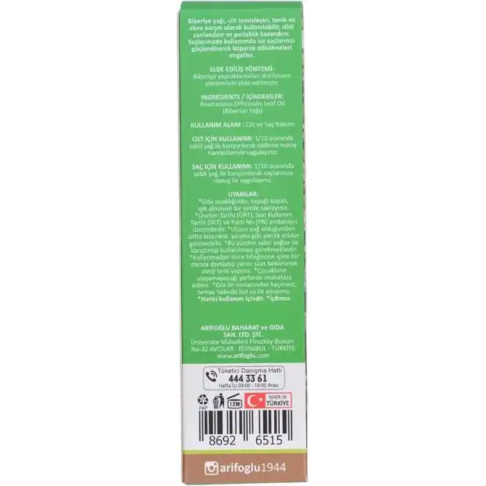 Arifoğlu Biberiye Yağı 20ml%100 Saf Yağ – Saç Bakımı ve Saç Güçlendirici Etki İçin | Arifoğlu Rosemary Oil 20ml 100% Pure – Hair Care and Strengthening Effect