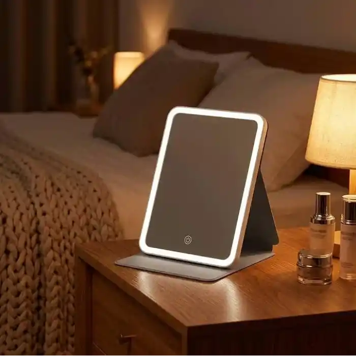 DUFFA LED Işıklı Katlanabilir Makyaj Aynası - 3 Renk Işık Modlu, Dokunmatik ve Ayarlanabilir Parlaklık (Kısılabilir) - Kılıflı Taşınabilir Seyahat Boy - Masaüstü Kozmetik Aynası