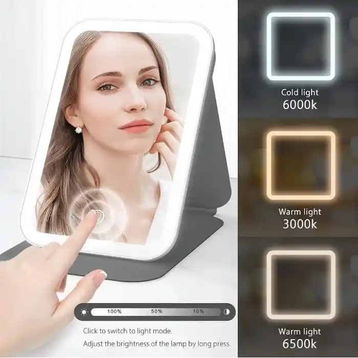 DUFFA LED Işıklı Katlanabilir Makyaj Aynası - 3 Renk Işık Modlu, Dokunmatik ve Ayarlanabilir Parlaklık (Kısılabilir) - Kılıflı Taşınabilir Seyahat Boy - Masaüstü Kozmetik Aynası