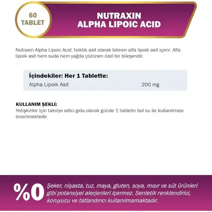 Nutraxin Plus Alpha Lipoik Asit 200 mg içeren Takviye Edici Gıda (1 x 60 Kapsül)