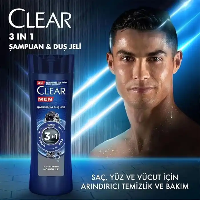 Clear Men 3 in 1 Şampuan & Duş Jeli Arındırıcı Kömür Saç Yüz Vücut İçin
