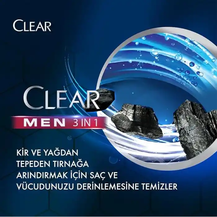 Clear Men 3 in 1 Şampuan & Duş Jeli Arındırıcı Kömür Saç Yüz Vücut İçin