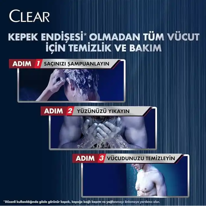 Clear Men 3 in 1 Şampuan & Duş Jeli Arındırıcı Kömür Saç Yüz Vücut İçin