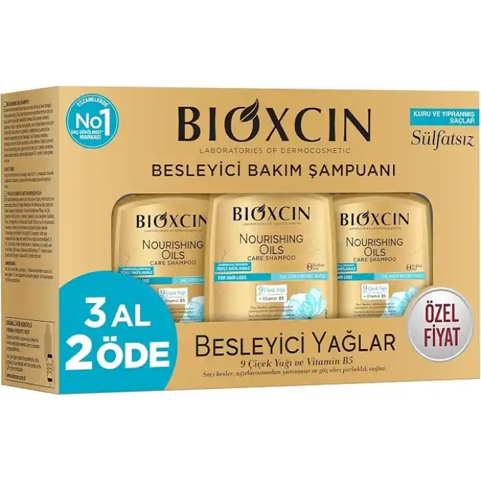 Bioxcin Besleyici Yağlar Şampuan 3 x 300 ml – Kuru ve Yıpranmış Saçlar İçin, 9 Çiçek Yağı, Pantenol ve BioComplex B11 İçerikli, Sülfatsız