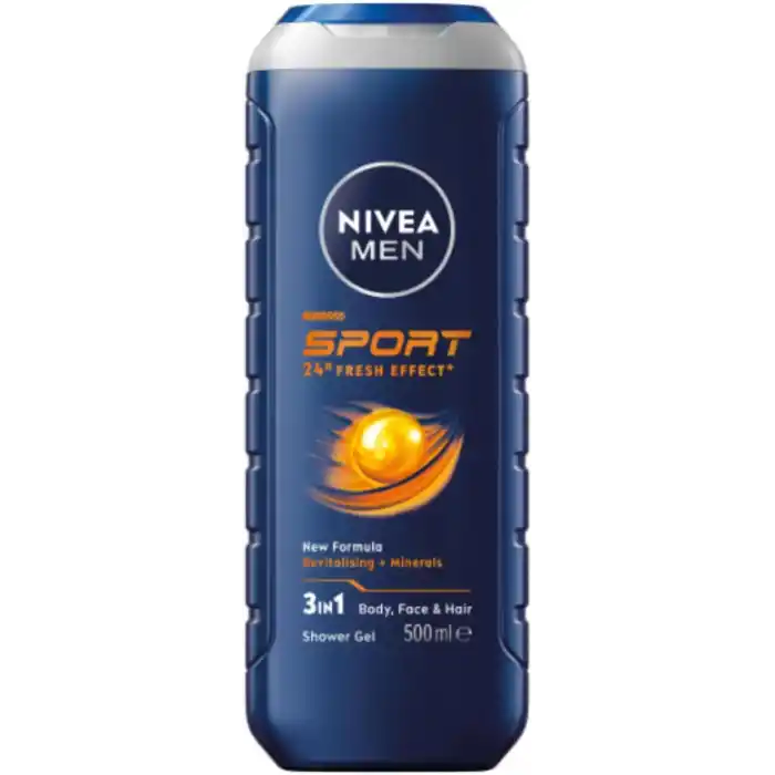 NIVEA MEN Erkek Sports Duş Jeli, 500 ml, 3ü 1 Arada Kullanım, Vücut, Yüz ve Saç, 24 Saat Ferahlık, Enerji Veren Koku