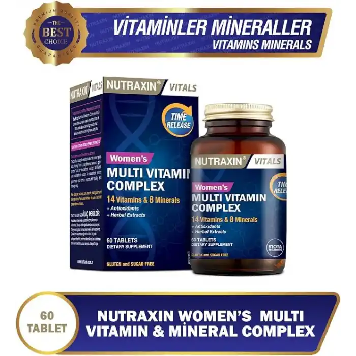 Nutraxin Multivitamin Complex Kadın – 14 Vitamin, 8 Mineral ve Bitkisel Ekstre İçeren Kadınlara Özel Takviye – 60 Tablet – Vegan