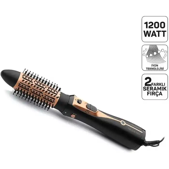Arzum Ar5063 Volume Pro Hava Uflemeli Sac Şekillendirici, Seramik, 1200 Watt, 2 kademe ısı ayarı, 21 ve 40mm fırçalar, Siyah