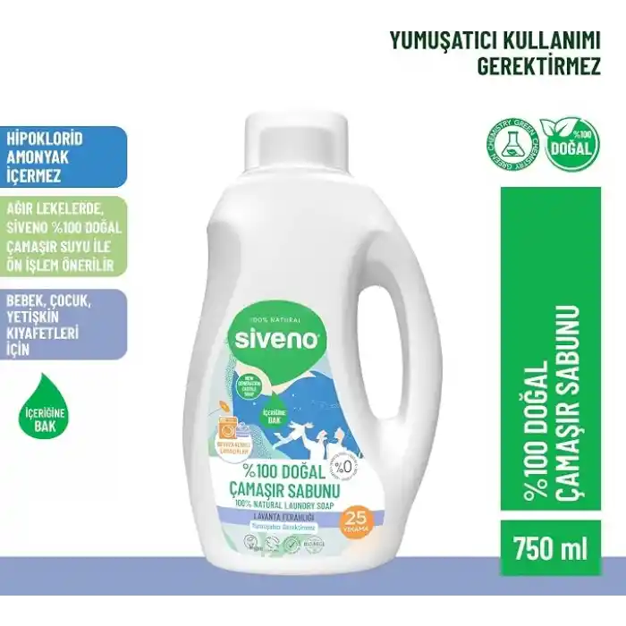 Siveno %100 Doğal Çamaşır Sabunu Bitkisel Deterjan Yumuşatıcı Gerektirmez Konsantre Vegan 750 ml