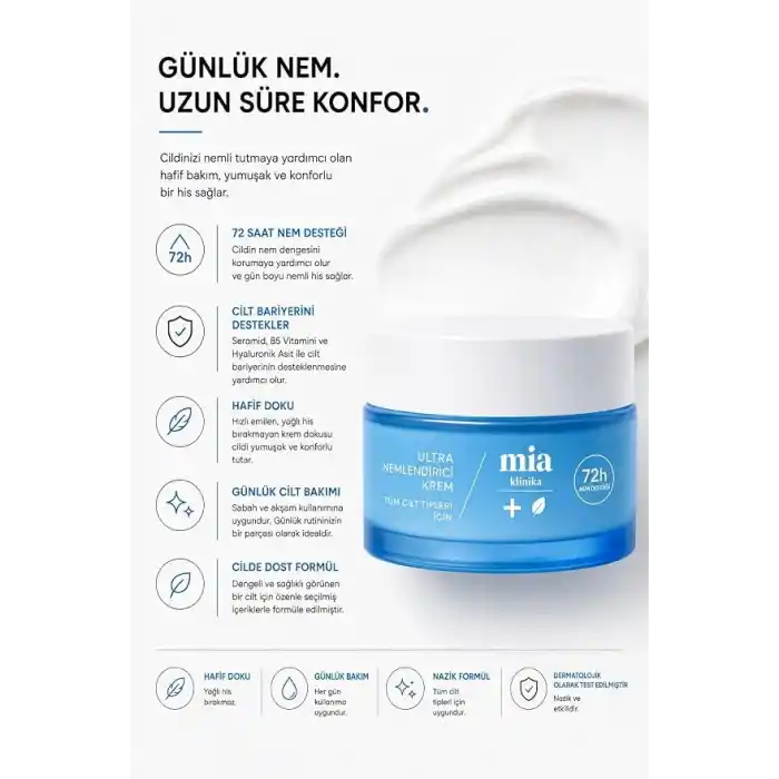 MIA KLINIKA 72 Saat Etkili Su Bazlı Yoğun Nemlendirici Yüz Kremi