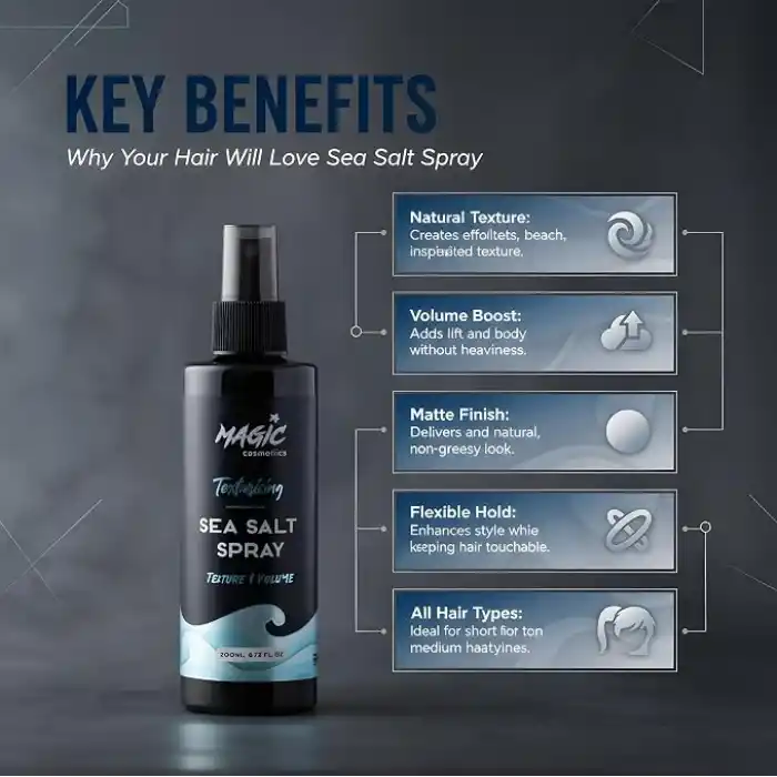 Magic Cosmetics Profesyonel Deniz Tuzu Saç Spreyi 200ml – Doğal Dalgalar, Hacim Veren ve Mat Görünüm Sağlayan Formül – Tüm Saç Tipleri İçin, Unisex Sea Salt Spray