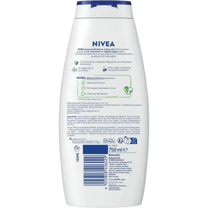 NIVEA Creme Soft Kremsi Dokunuş Banyo Ve Duş Jeli 750 ml, Vücut Nemlendirici, Badem Yağı, Pürüzsüz Cilt