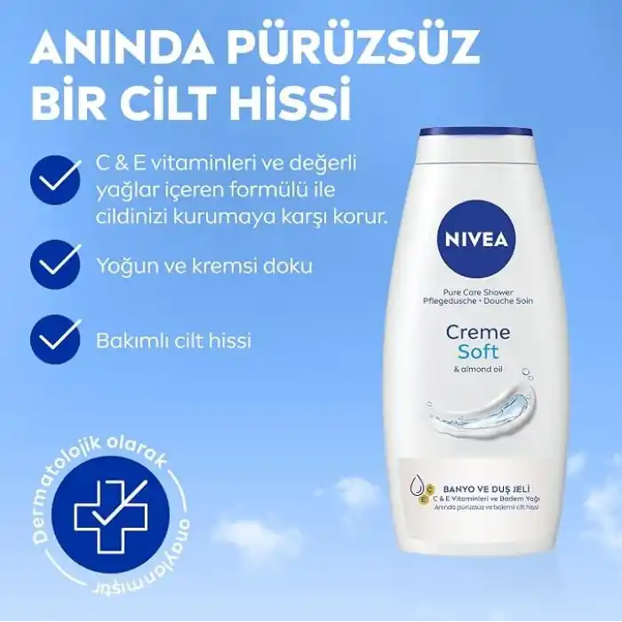 NIVEA Creme Soft Kremsi Dokunuş Banyo Ve Duş Jeli 750 ml, Vücut Nemlendirici, Badem Yağı, Pürüzsüz Cilt