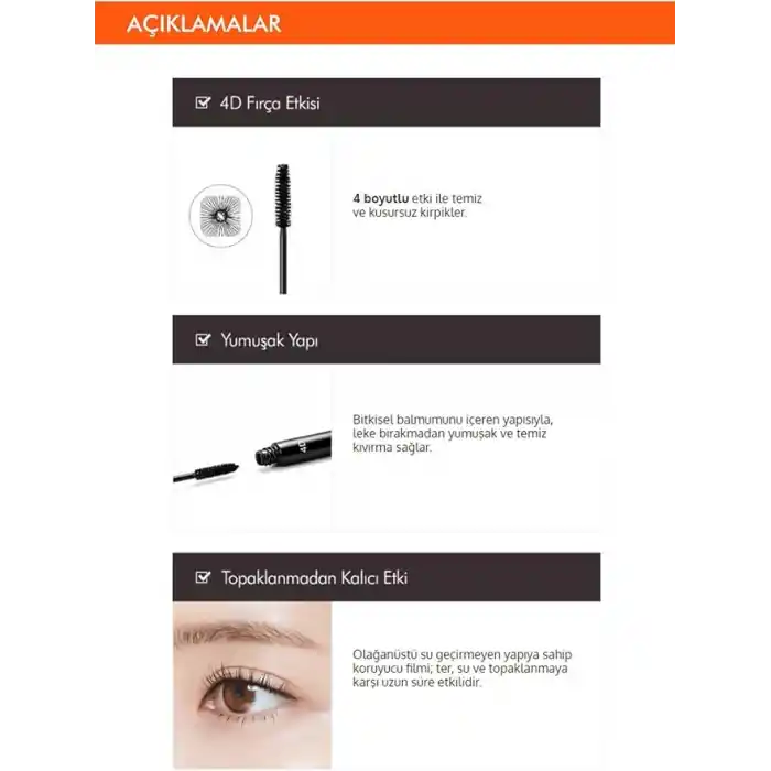 MISSHA 4 Kat Dolgunluk Sağlayan Takma Kirpik Etkili Maskara MISSHA 4D Mascara